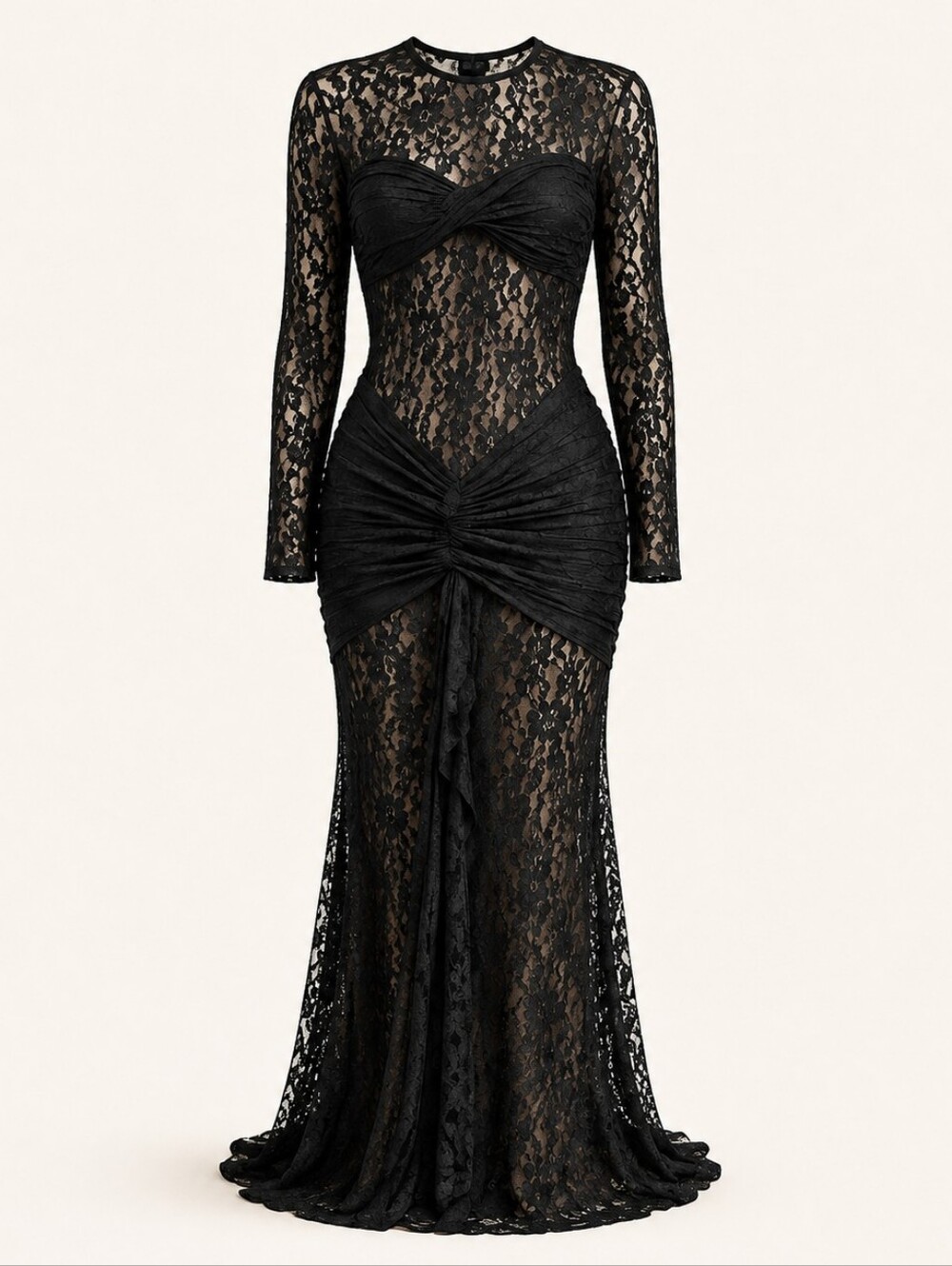 Black Sheer Lace Long Sleeve Evening Dress Size L - Picture 2 of 4